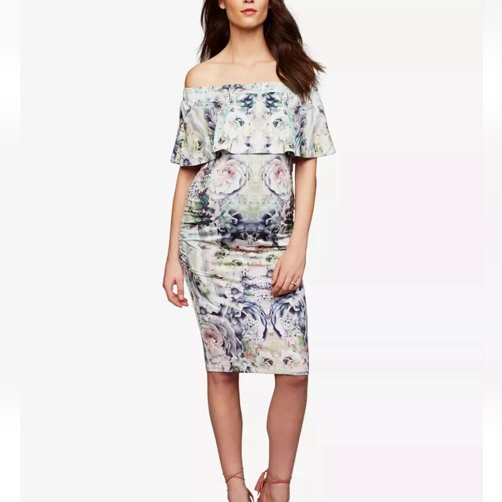 RIPE FLORAL WATERCOLOR MATERNITY NURAING DRESS MIDI Ruched Stretch Boho Wedding